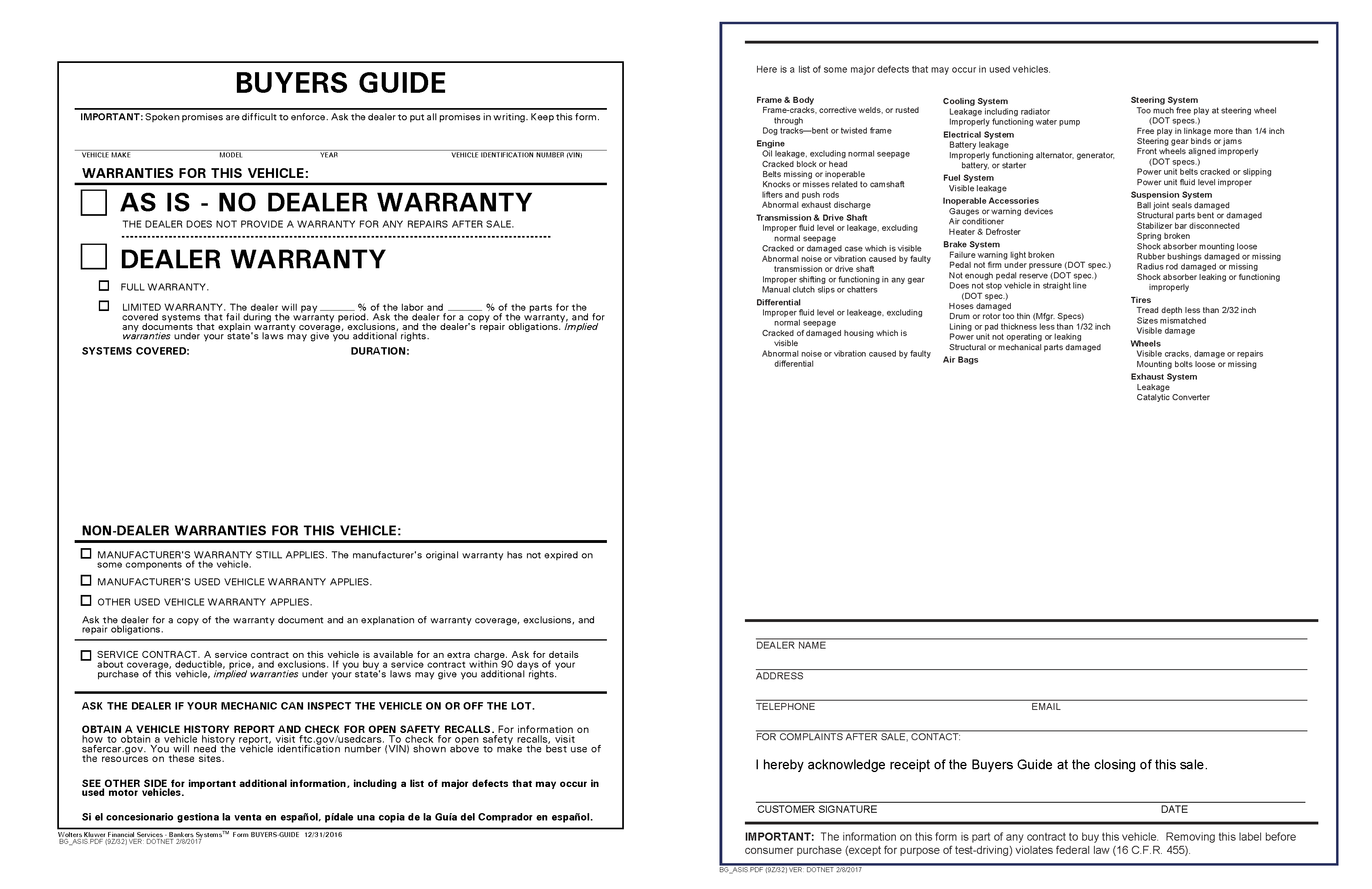 Buyers Guide As-Is No Warranty